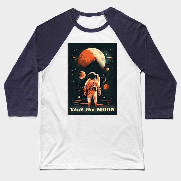Moon Adventure Vintage Travel Poster Baseball T-Shirt by GreenMary Design